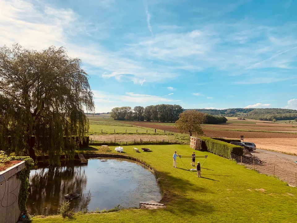 Tuin van bovenaf: vijver met treurwilg, gazon met badmintonnet en akkers tot aan de heuvels van het Heuvelland